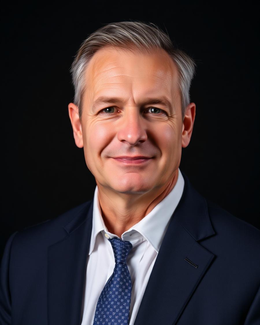 Executive headshot of a businessman in a navy suit on a dark studio backdrop