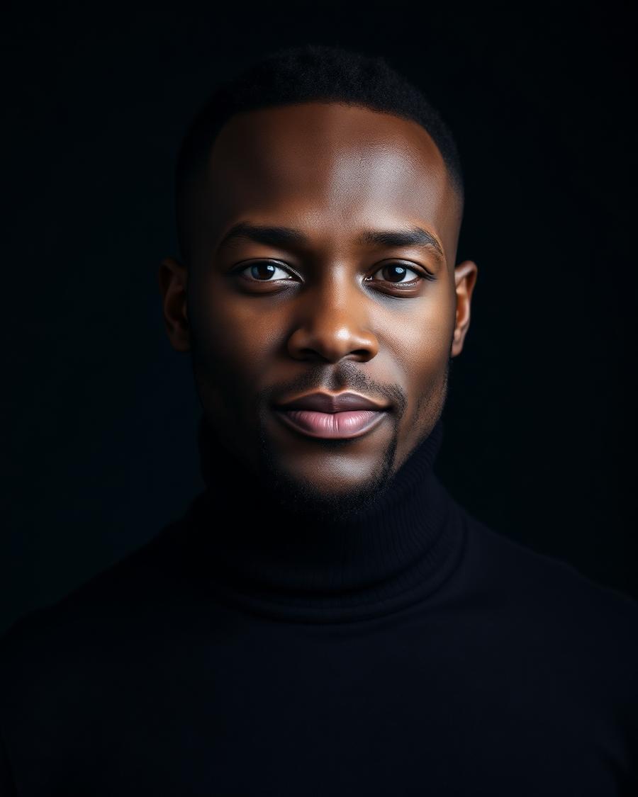 Dramatic studio headshot of an entrepreneur on a dark background