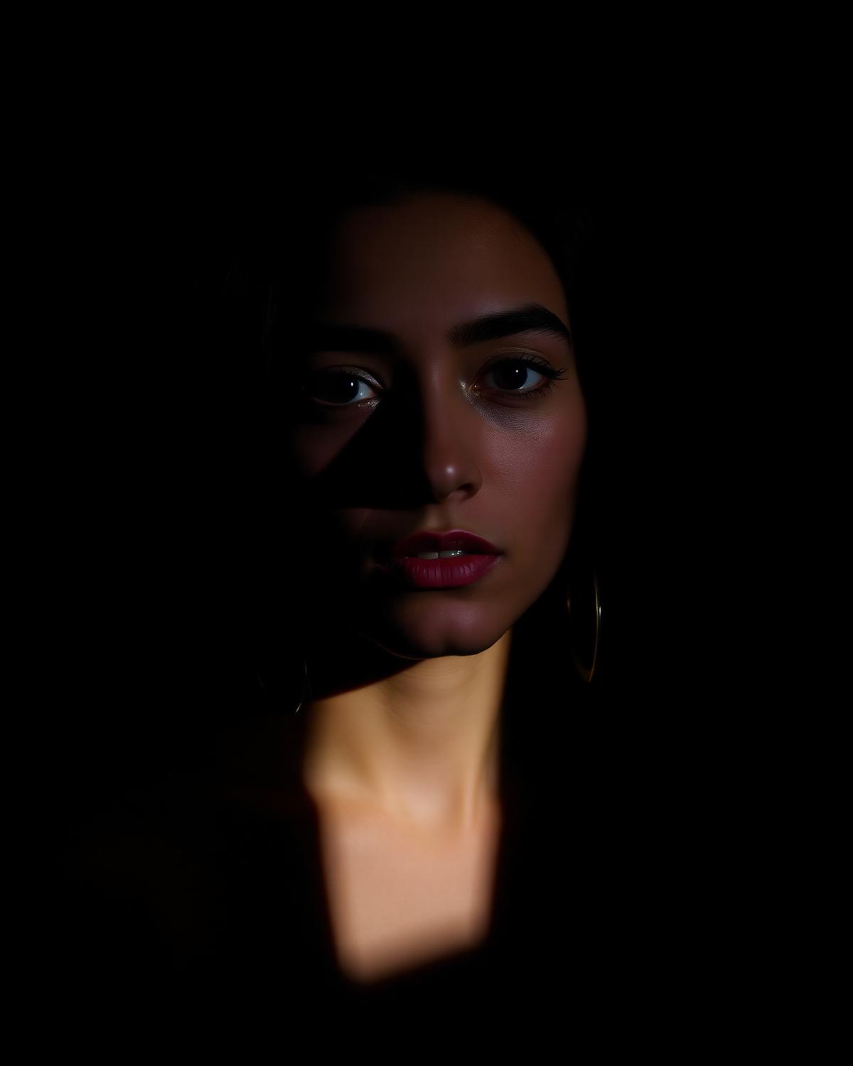 Creative editorial portrait lit with a single hard studio strobe