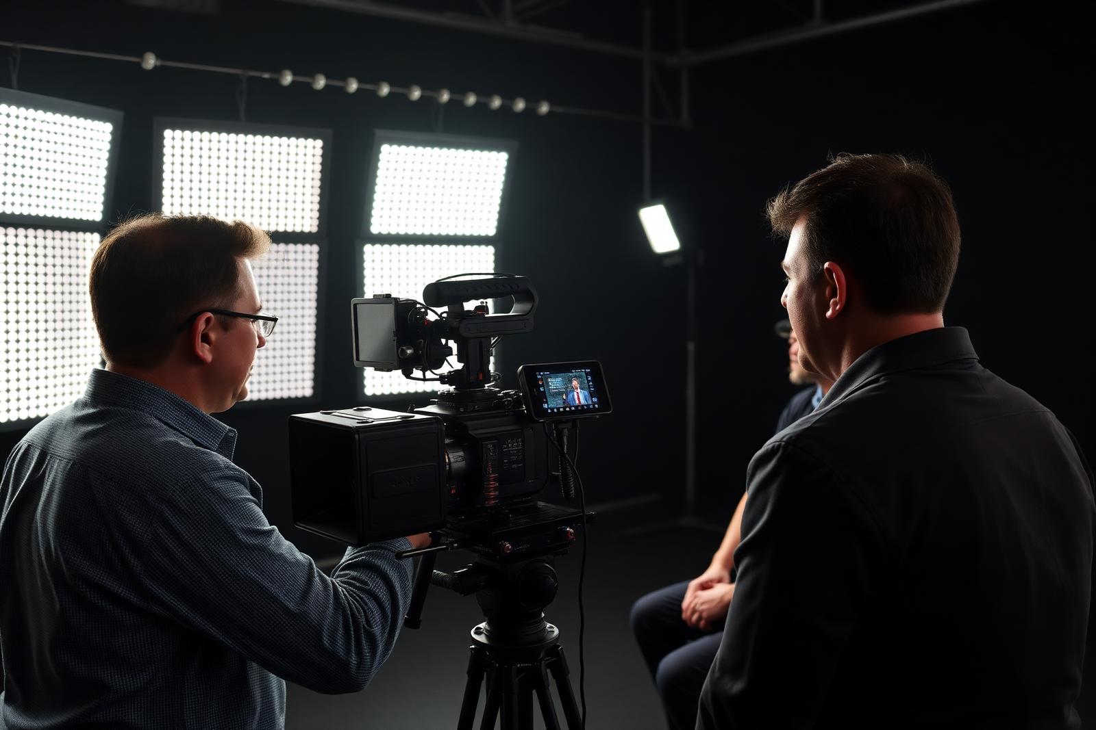 Corporate video interview being filmed on a professional lighting set